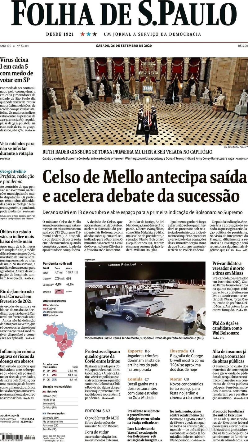 Capa do jornal Folha de S.Paulo 26/09/2020