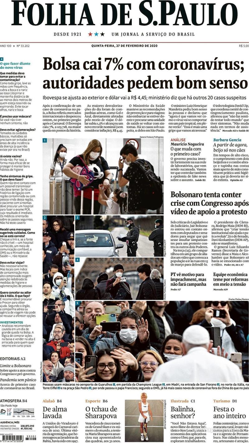 Capa Folha De S Paulo Edição Quinta 27 De Fevereiro De 2020