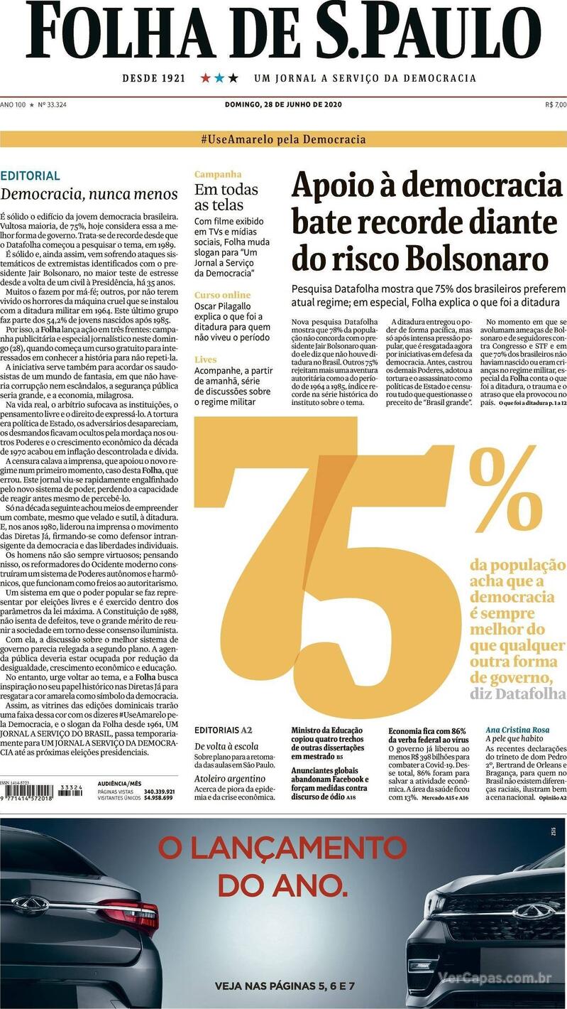 Capa do jornal Folha de S.Paulo 28/06/2020