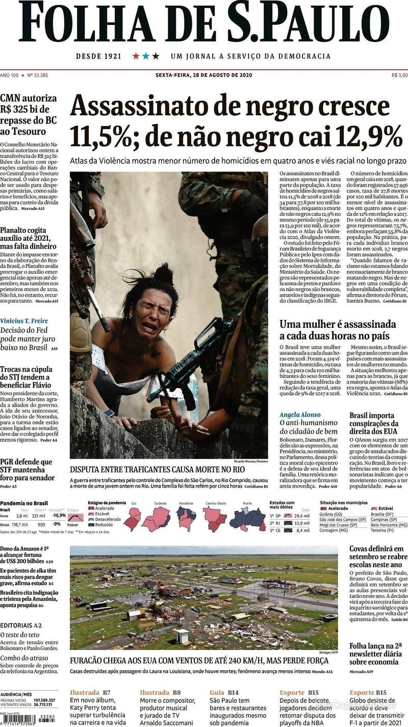 Capa do jornal Folha de S.Paulo 28/08/2020