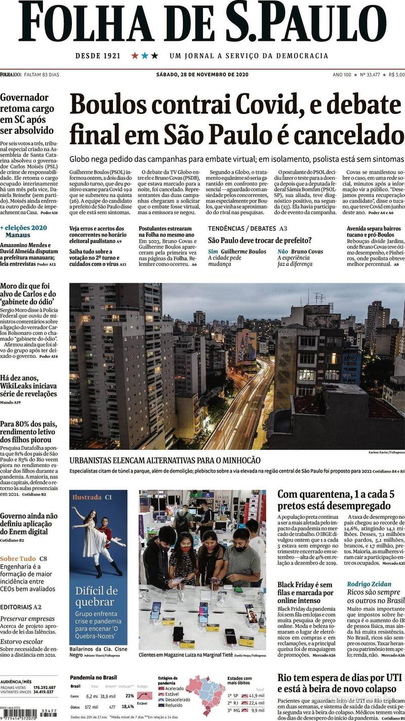 Capa do jornal Folha de S.Paulo 28/11/2020