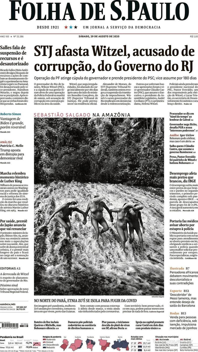 Capa do jornal Folha de S.Paulo 29/08/2020