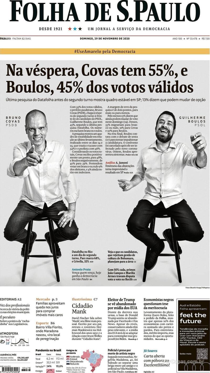 Capa do jornal Folha de S.Paulo 29/11/2020