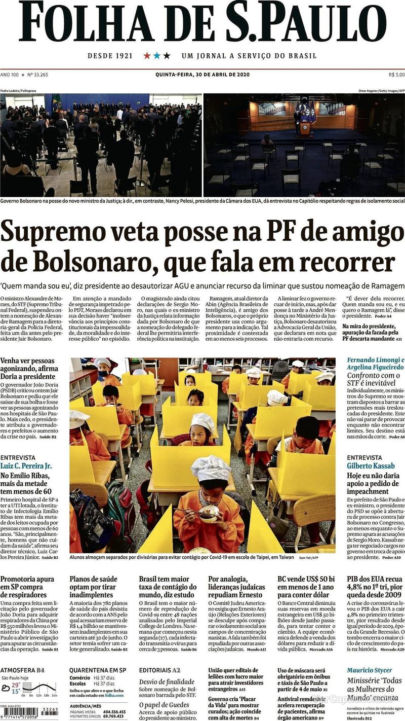 Capa do jornal Folha de S.Paulo 30/04/2020