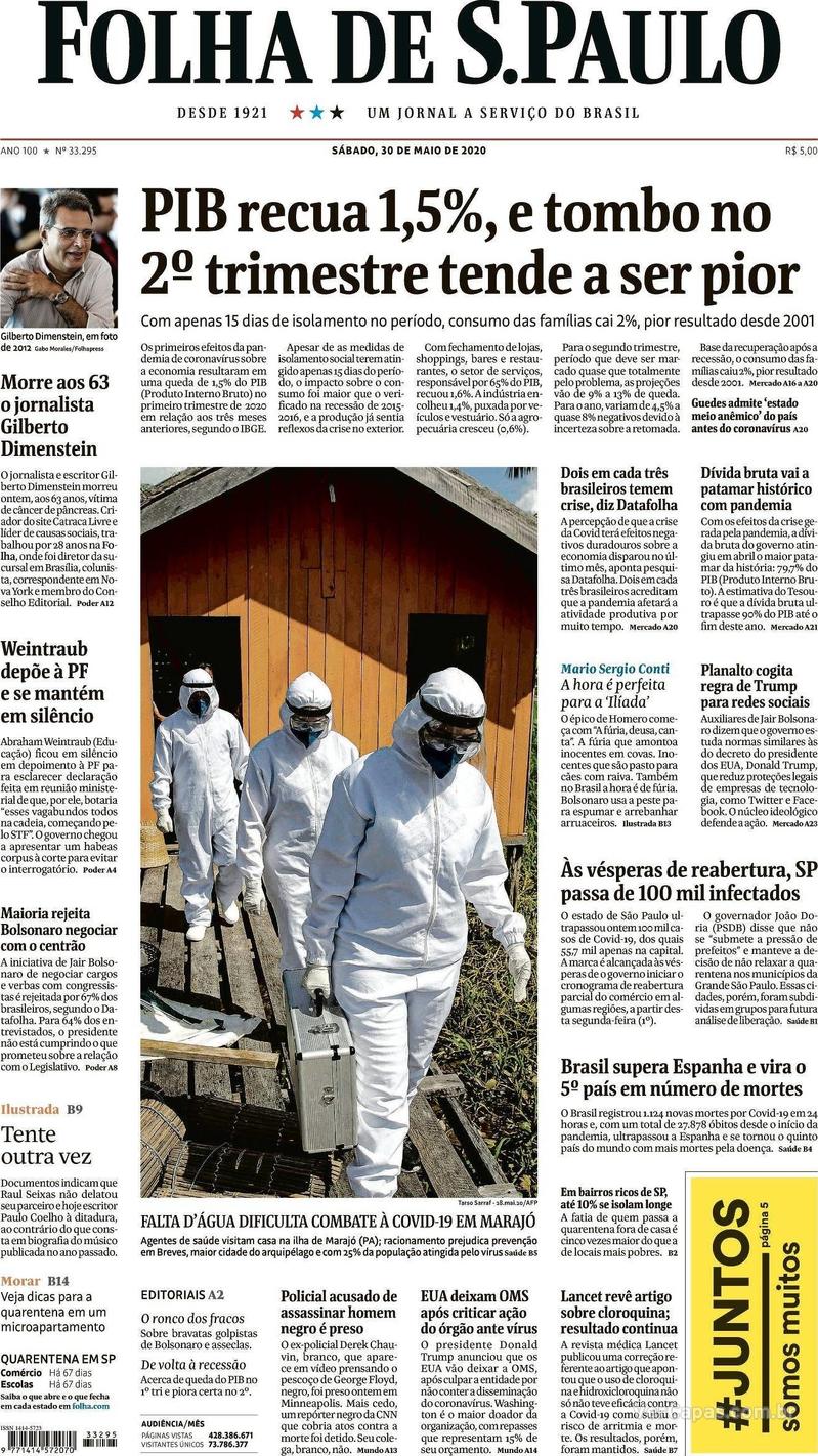 Capa do jornal Folha de S.Paulo 30/05/2020
