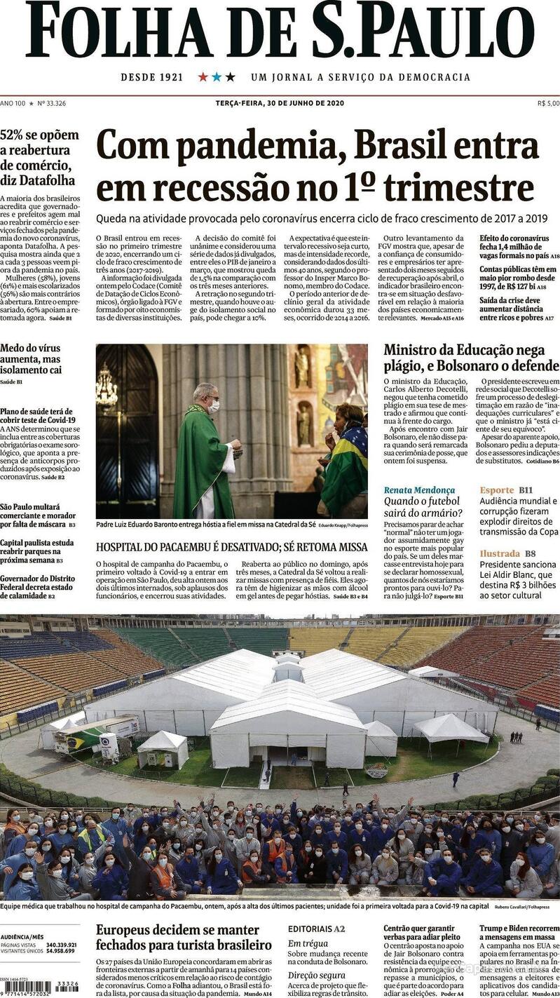 Capa do jornal Folha de S.Paulo 30/06/2020