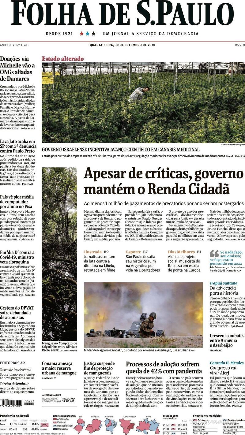 Capa do jornal Folha de S.Paulo 30/09/2020