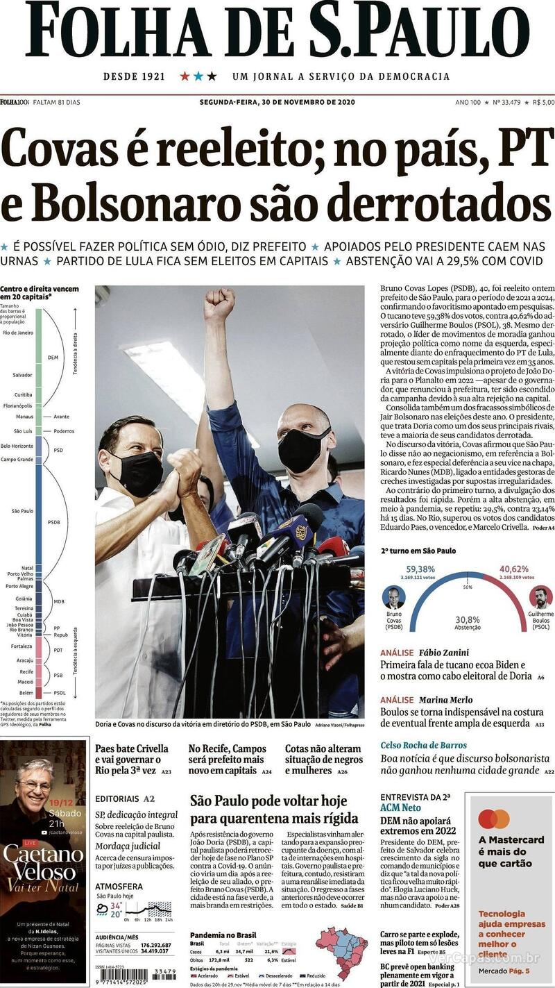 Capa do jornal Folha de S.Paulo 30/11/2020