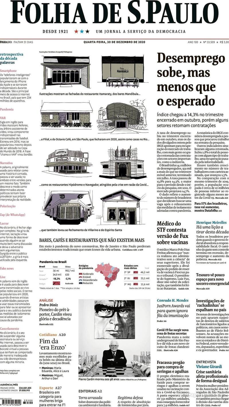 Capa do jornal Folha de S.Paulo 30/12/2020