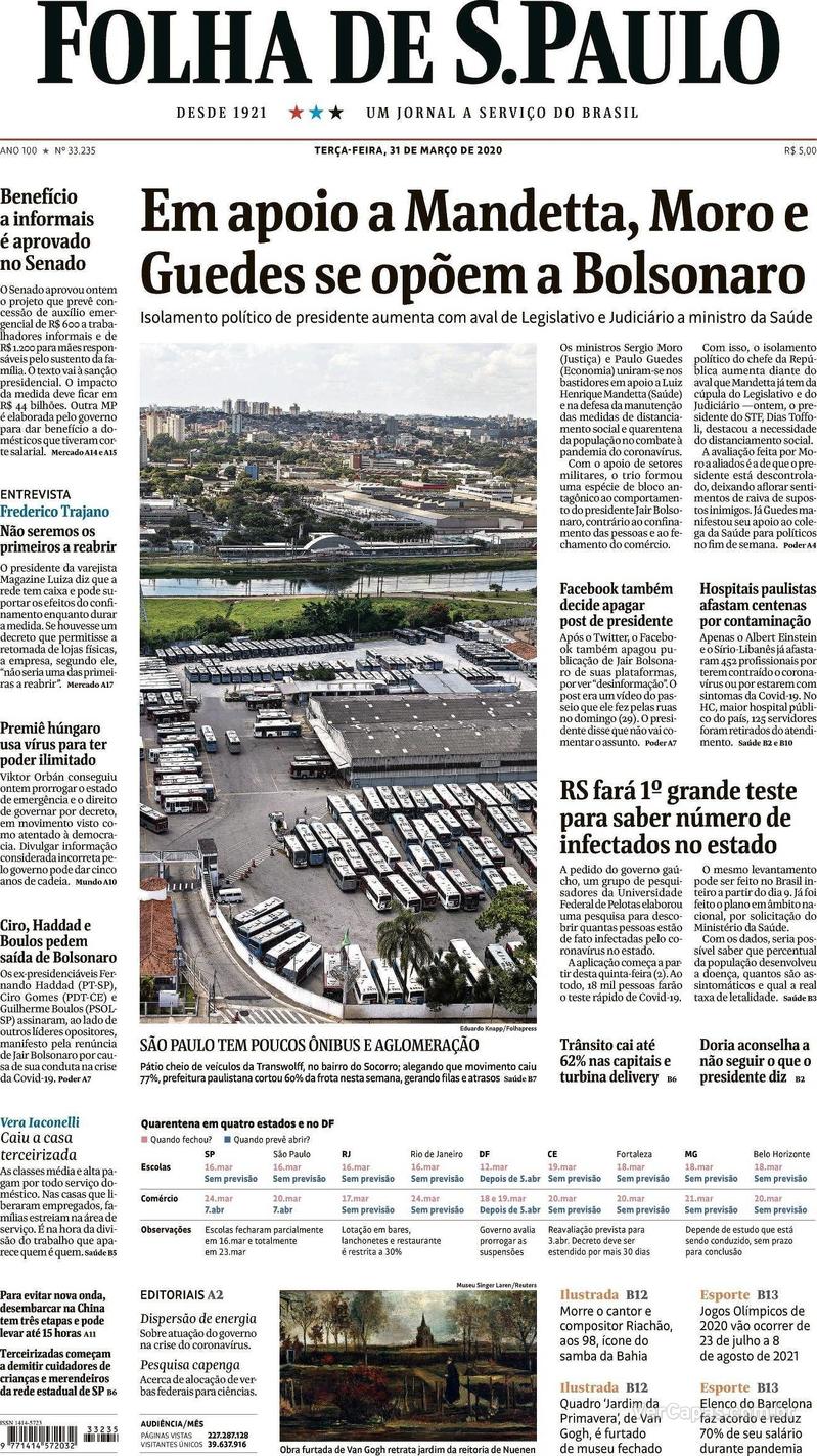 Capa do jornal Folha de S.Paulo 31/03/2020