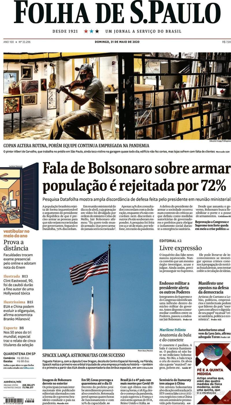 Capa do jornal Folha de S.Paulo 31/05/2020