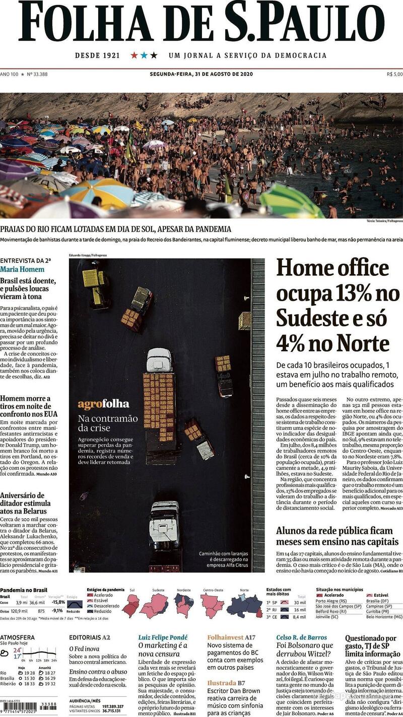 Capa do jornal Folha de S.Paulo 31/08/2020