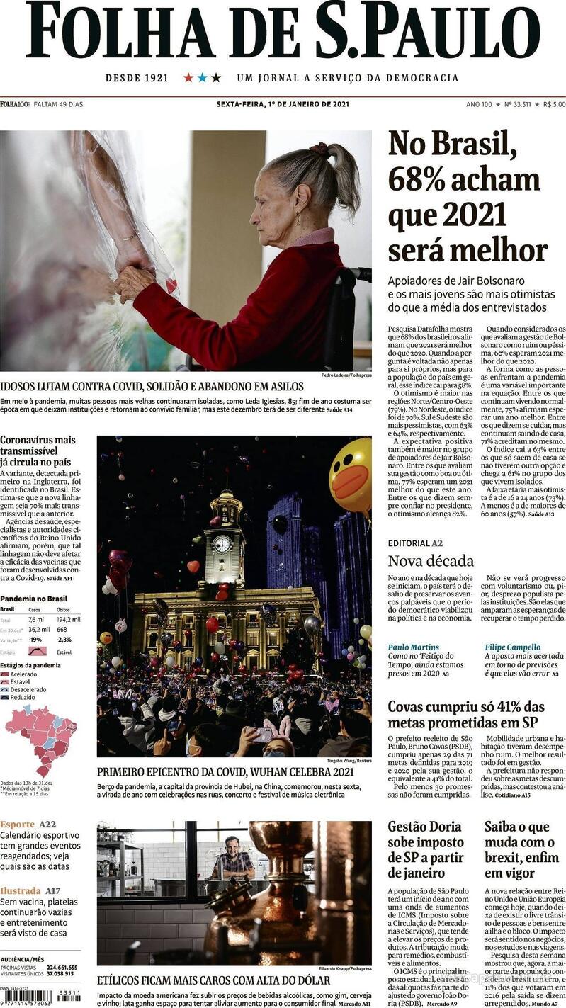 Capa do jornal Folha de S.Paulo 01/01/2021