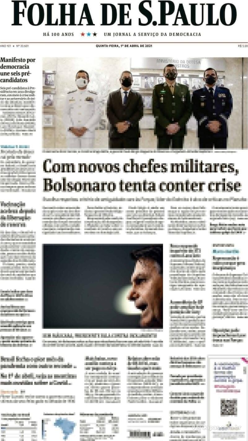 Capa do jornal Folha de S.Paulo 01/04/2021
