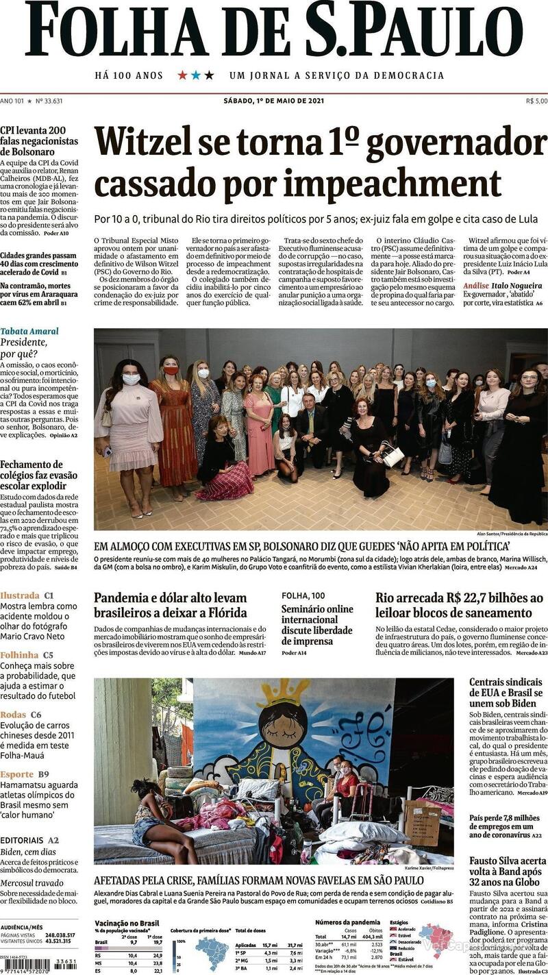 Capa do jornal Folha de S.Paulo 01/05/2021