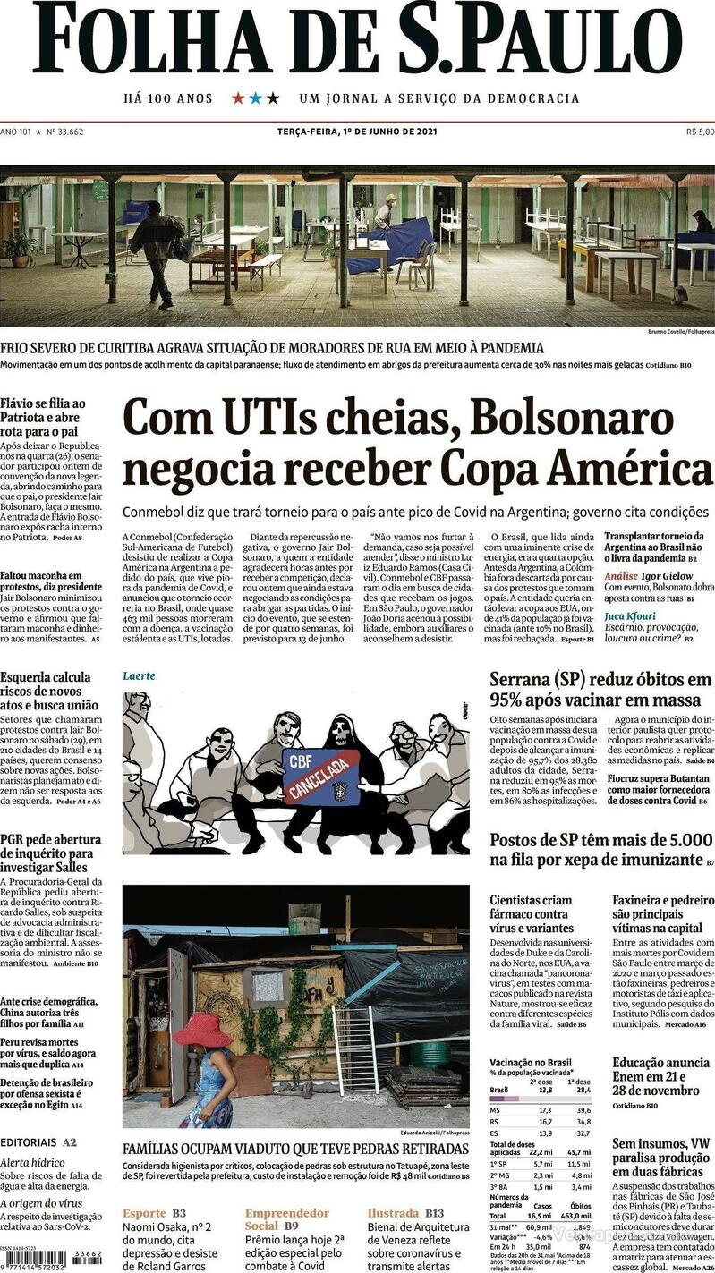 Capa do jornal Folha de S.Paulo 01/06/2021
