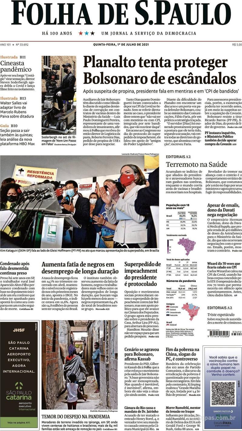 Capa do jornal Folha de S.Paulo 01/07/2021