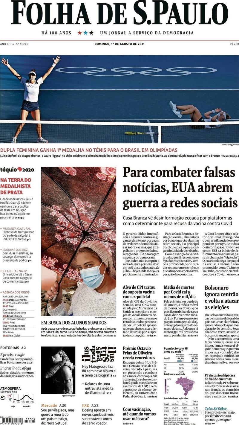 Capa do jornal Folha de S.Paulo 01/08/2021
