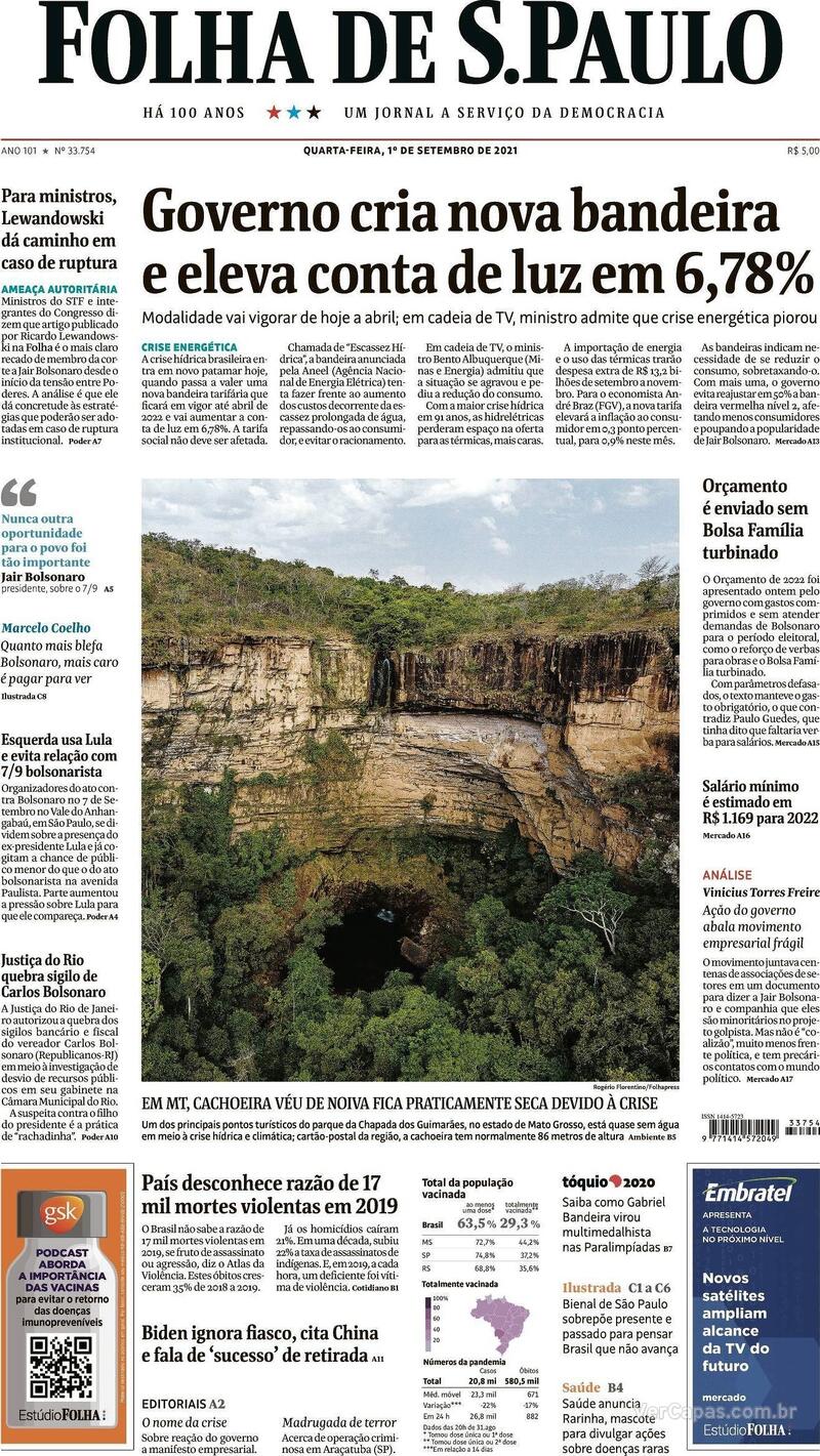 Capa do jornal Folha de S.Paulo 01/09/2021