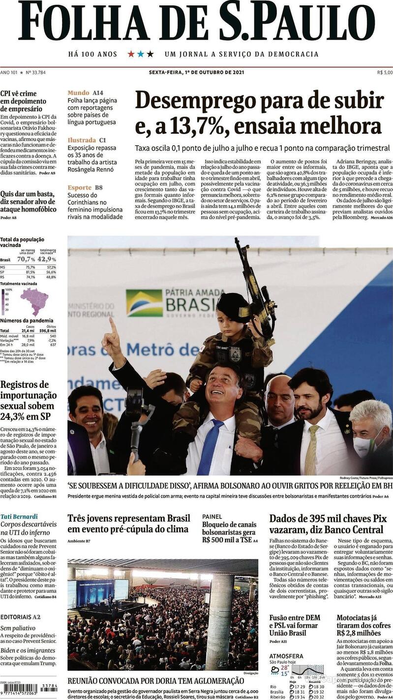 Capa do jornal Folha de S.Paulo 01/10/2021