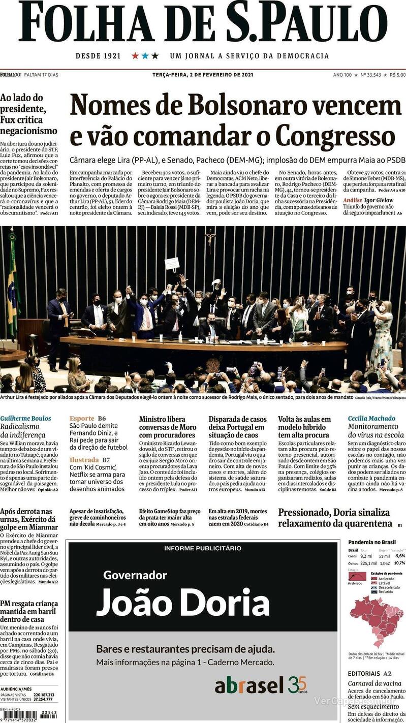 Capa do jornal Folha de S.Paulo 02/02/2021