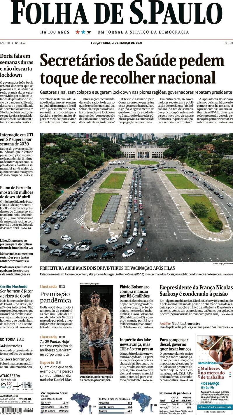 Capa do jornal Folha de S.Paulo 02/03/2021