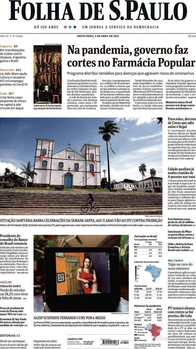 Capa do jornal Folha de S.Paulo 02/04/2021