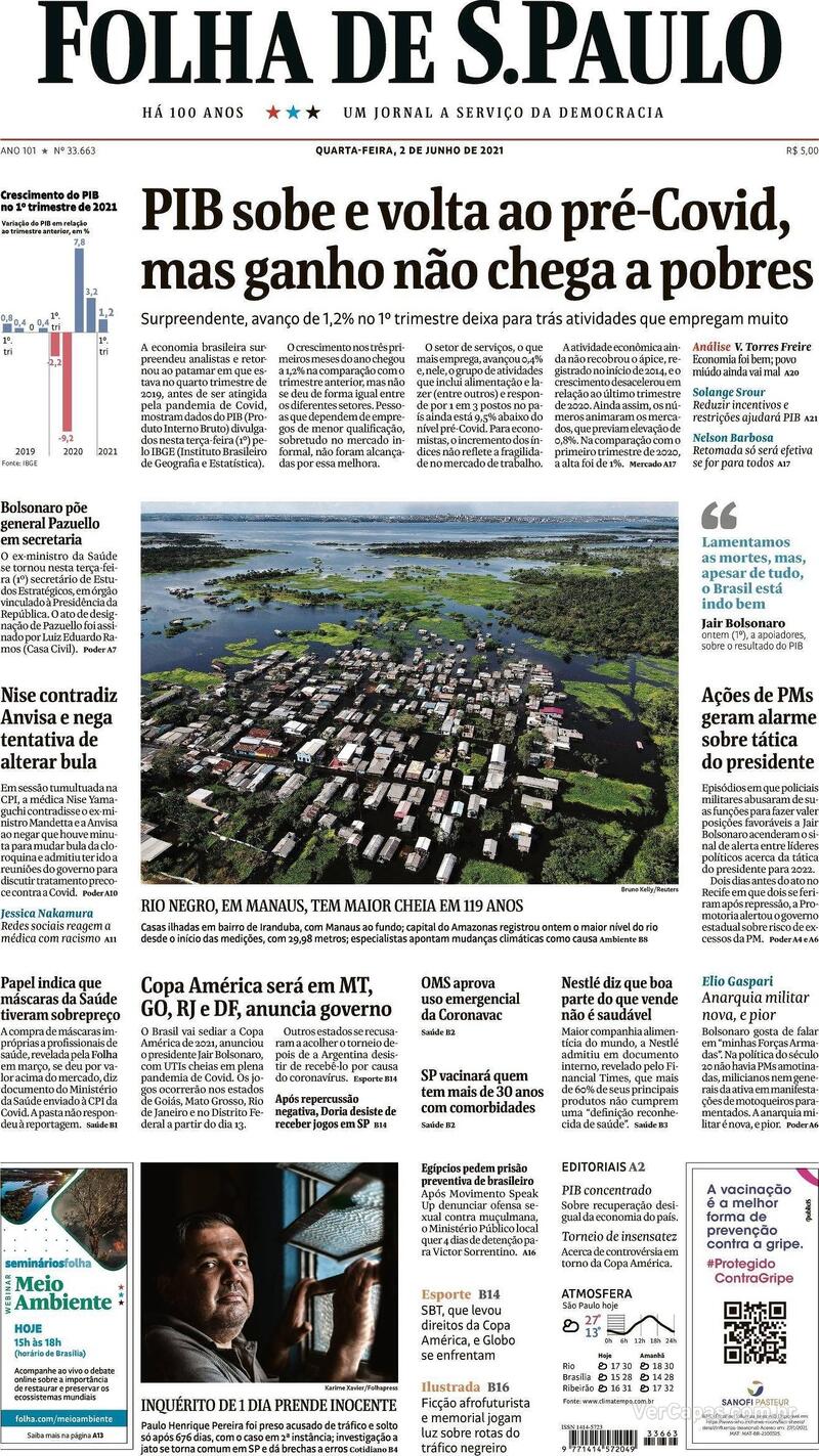 Capa do jornal Folha de S.Paulo 02/06/2021