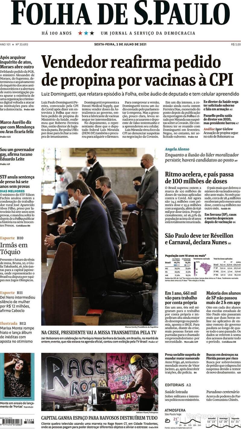 Capa do jornal Folha de S.Paulo 02/07/2021