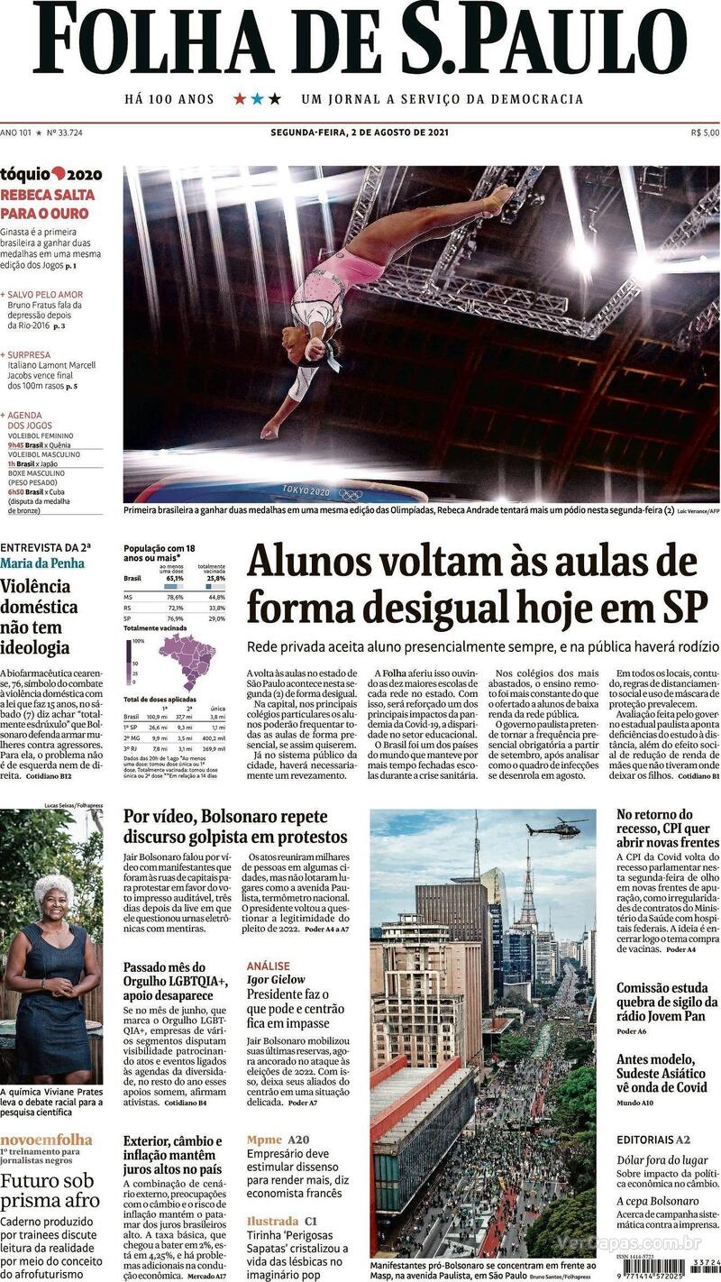 Capa do jornal Folha de S.Paulo 02/08/2021