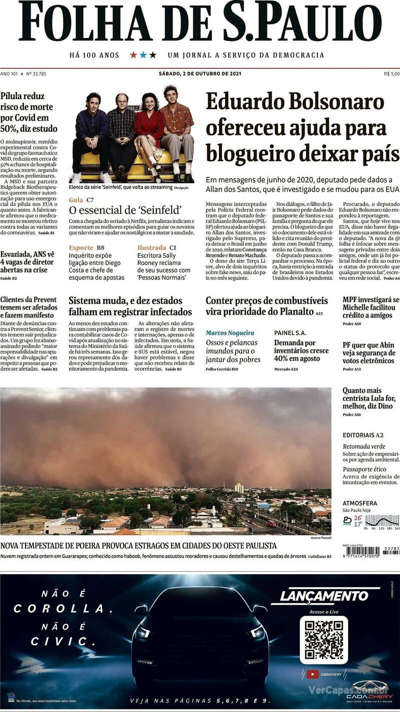 Capa do jornal Folha de S.Paulo 02/10/2021