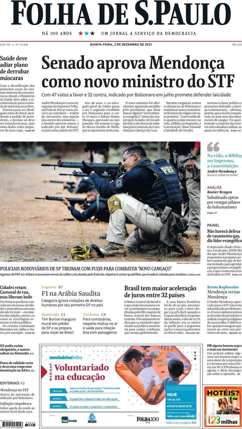 Capa do jornal Folha de S.Paulo 02/12/2021