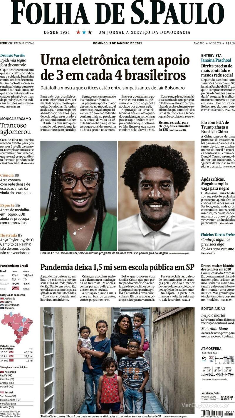 Capa do jornal Folha de S.Paulo 03/01/2021