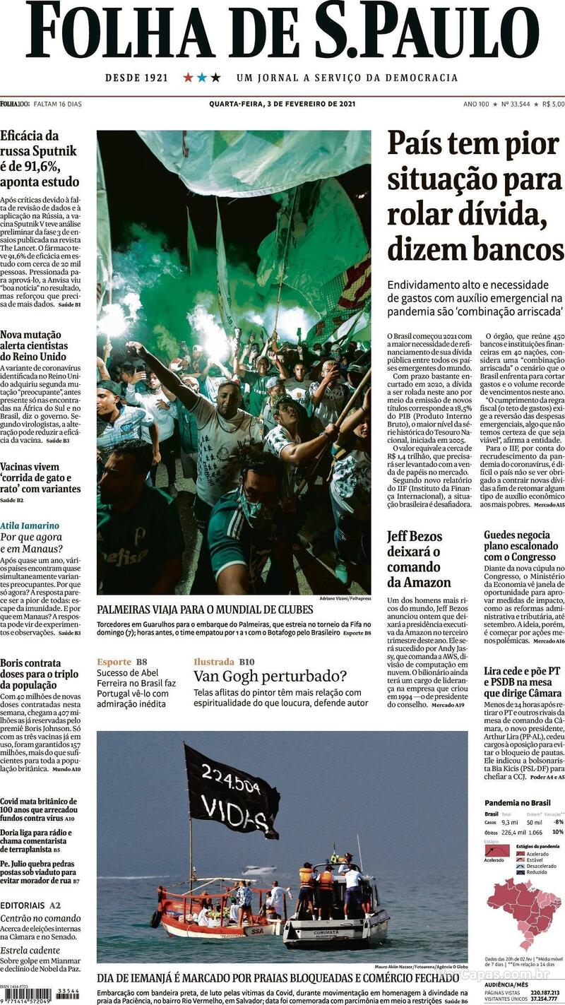 Capa do jornal Folha de S.Paulo 03/02/2021