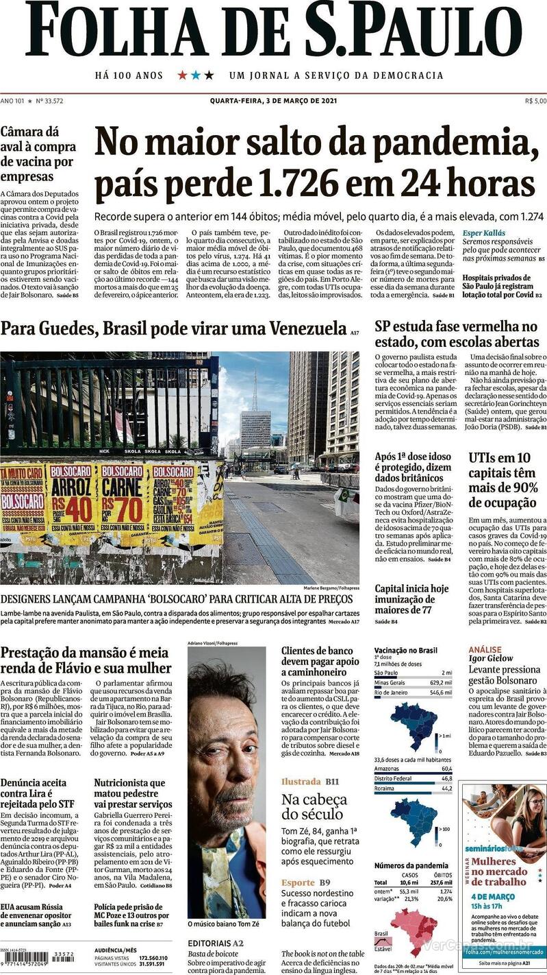 Capa do jornal Folha de S.Paulo 03/03/2021