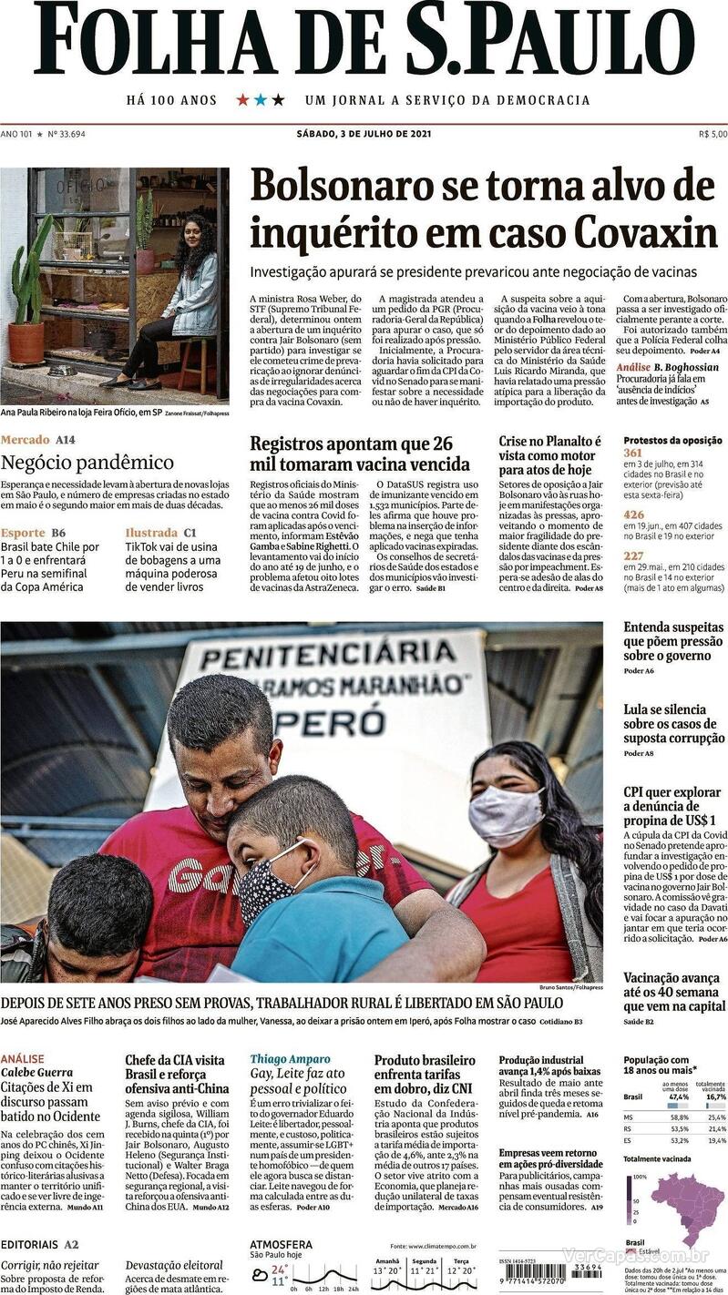 Capa do jornal Folha de S.Paulo 03/07/2021