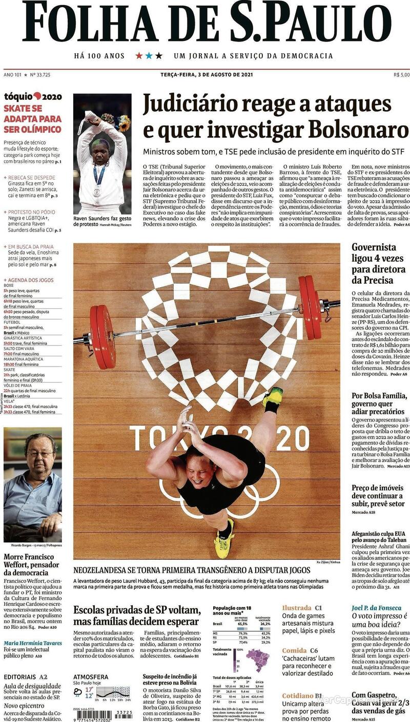 Capa do jornal Folha de S.Paulo 03/08/2021