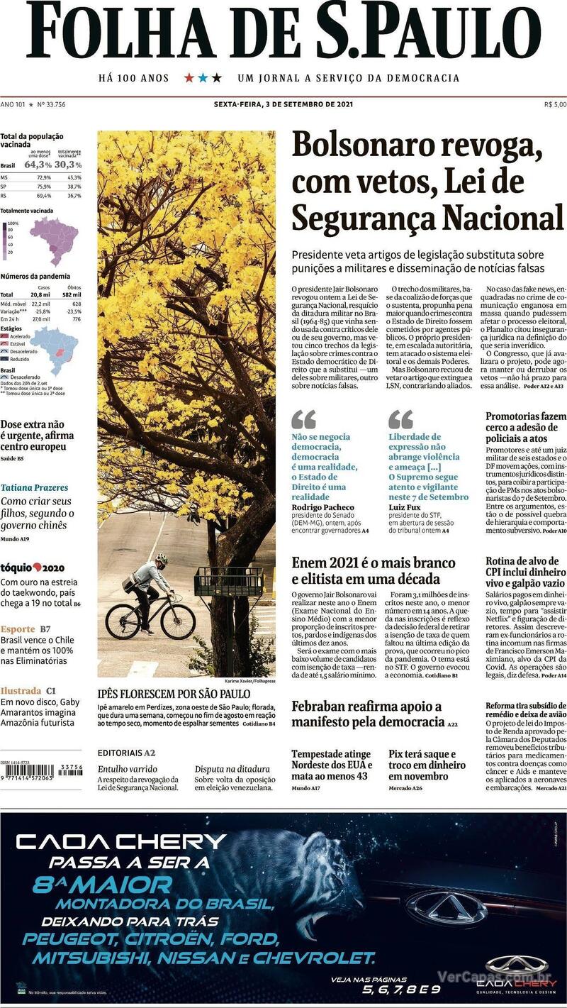 Capa do jornal Folha de S.Paulo 03/09/2021