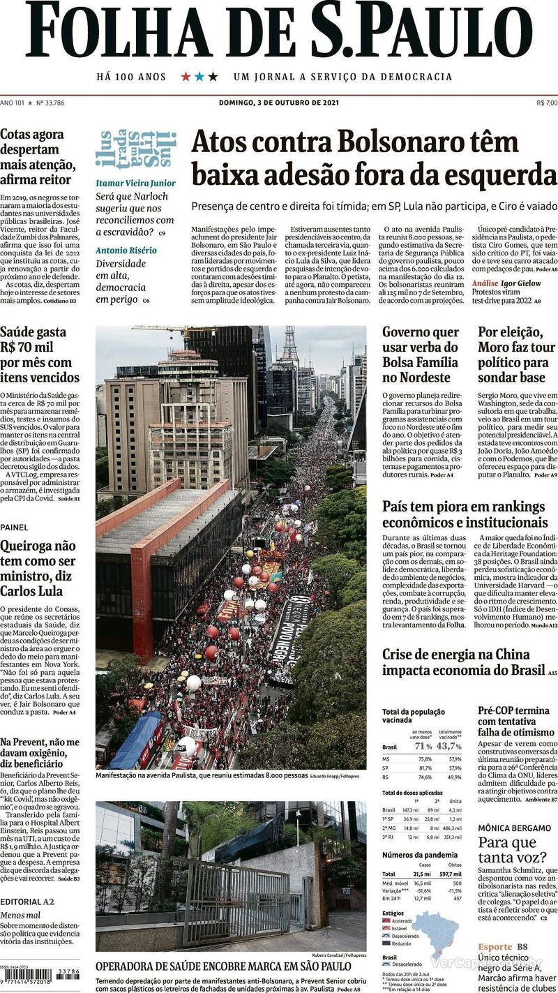 Capa do jornal Folha de S.Paulo 03/10/2021
