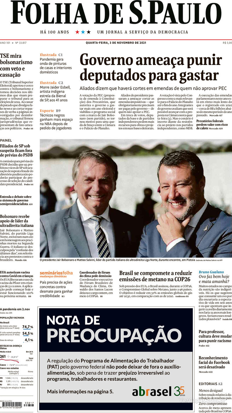 Capa do jornal Folha de S.Paulo 03/11/2021