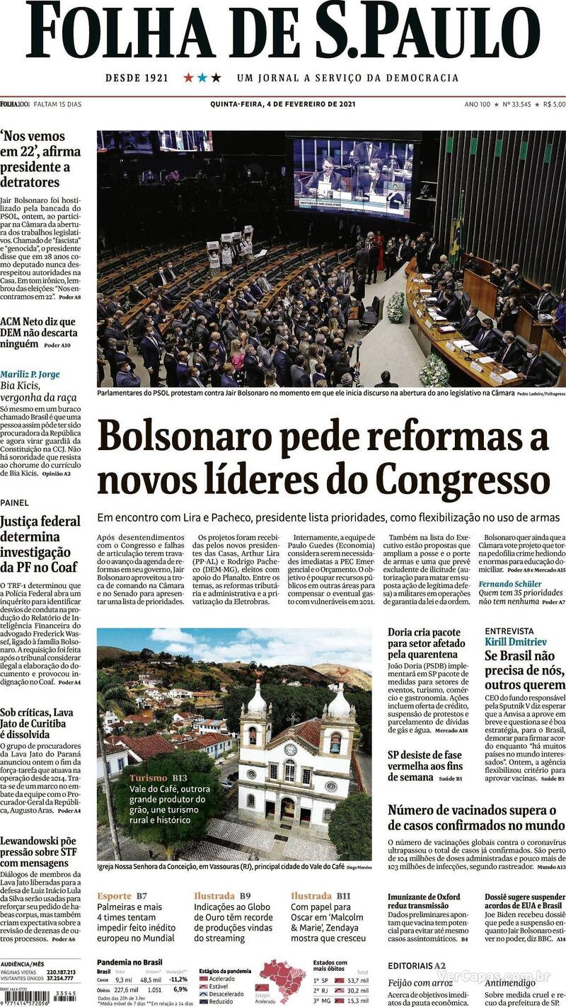 Capa do jornal Folha de S.Paulo 04/02/2021