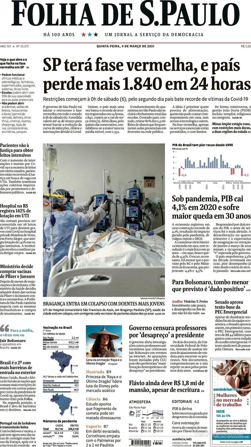 Capa do jornal Folha de S.Paulo 04/03/2021