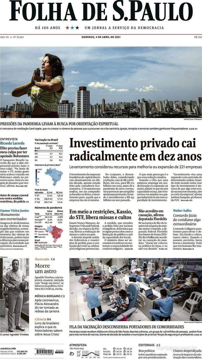 Capa do jornal Folha de S.Paulo 04/04/2021
