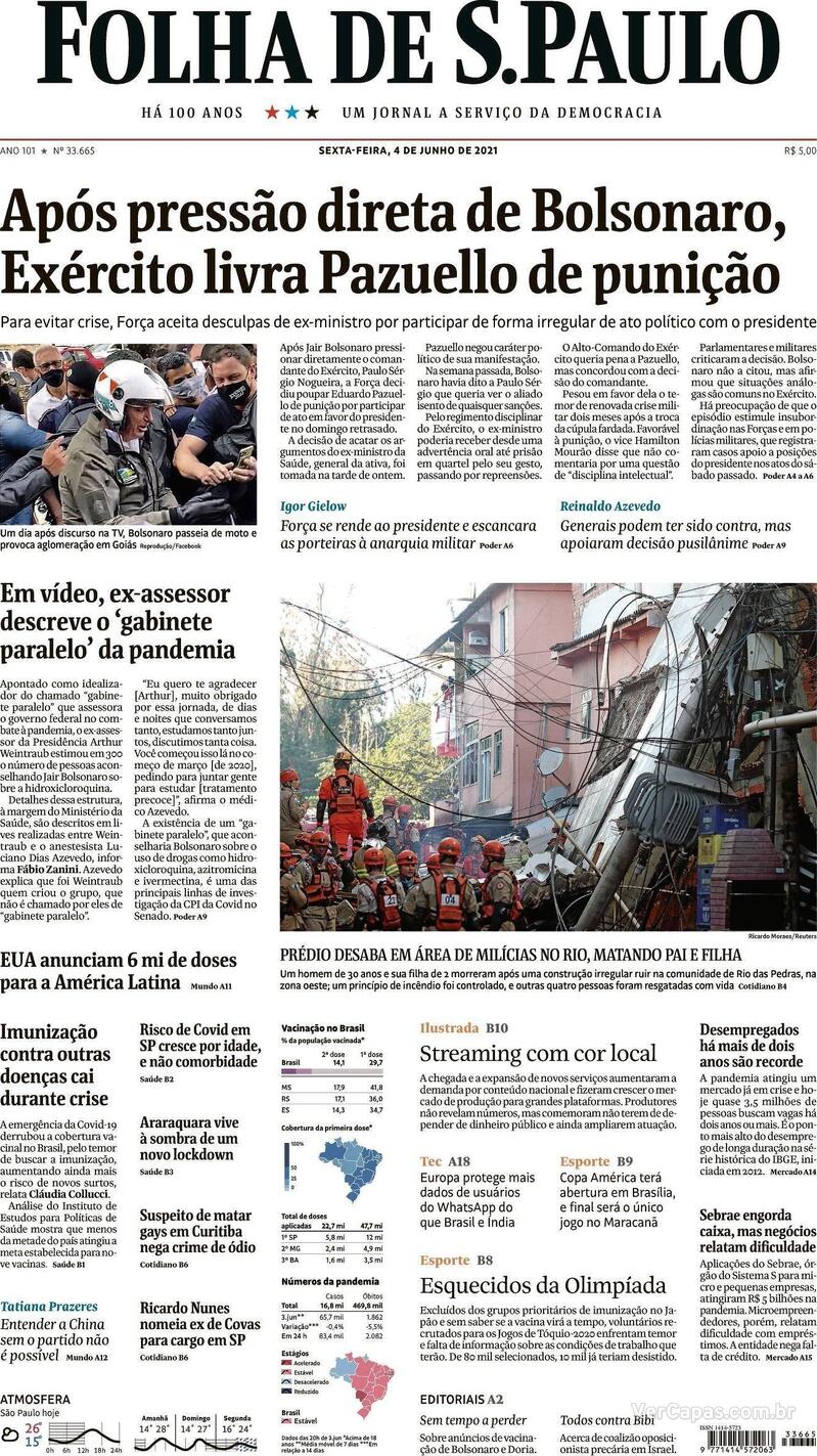 Capa do jornal Folha de S.Paulo 04/06/2021