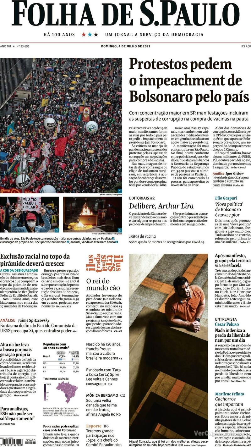 Capa do jornal Folha de S.Paulo 04/07/2021