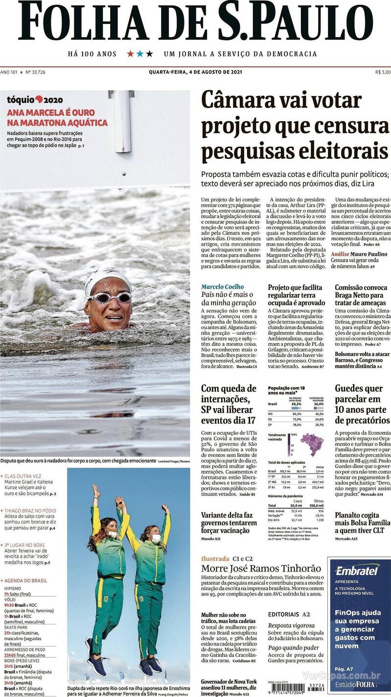Capa do jornal Folha de S.Paulo 04/08/2021