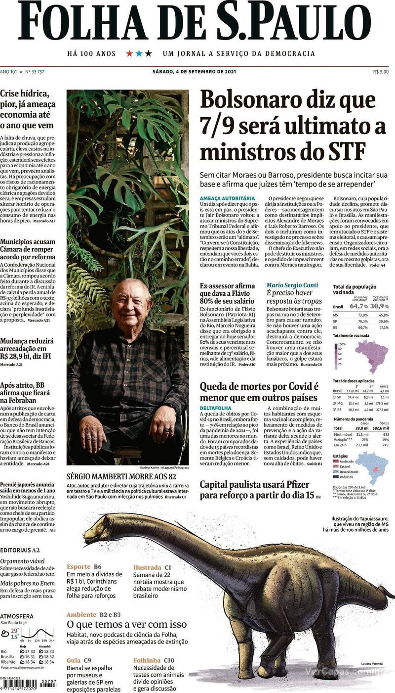 Capa do jornal Folha de S.Paulo 04/09/2021