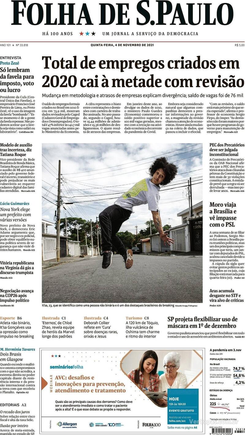 Capa do jornal Folha de S.Paulo 04/11/2021