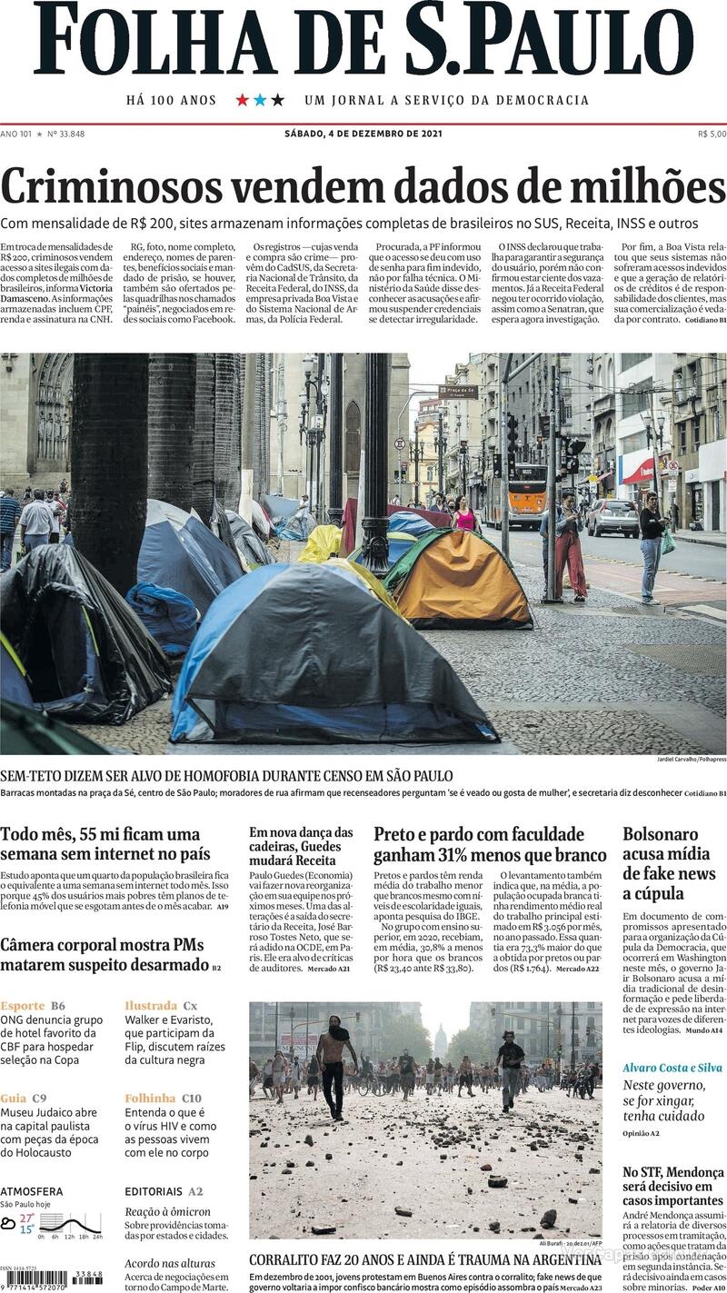 Capa do jornal Folha de S.Paulo 04/12/2021