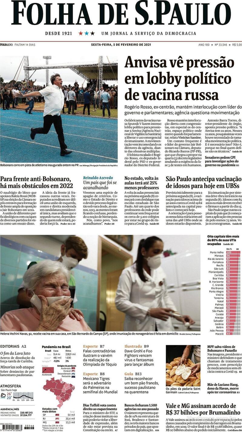 Capa do jornal Folha de S.Paulo 05/02/2021
